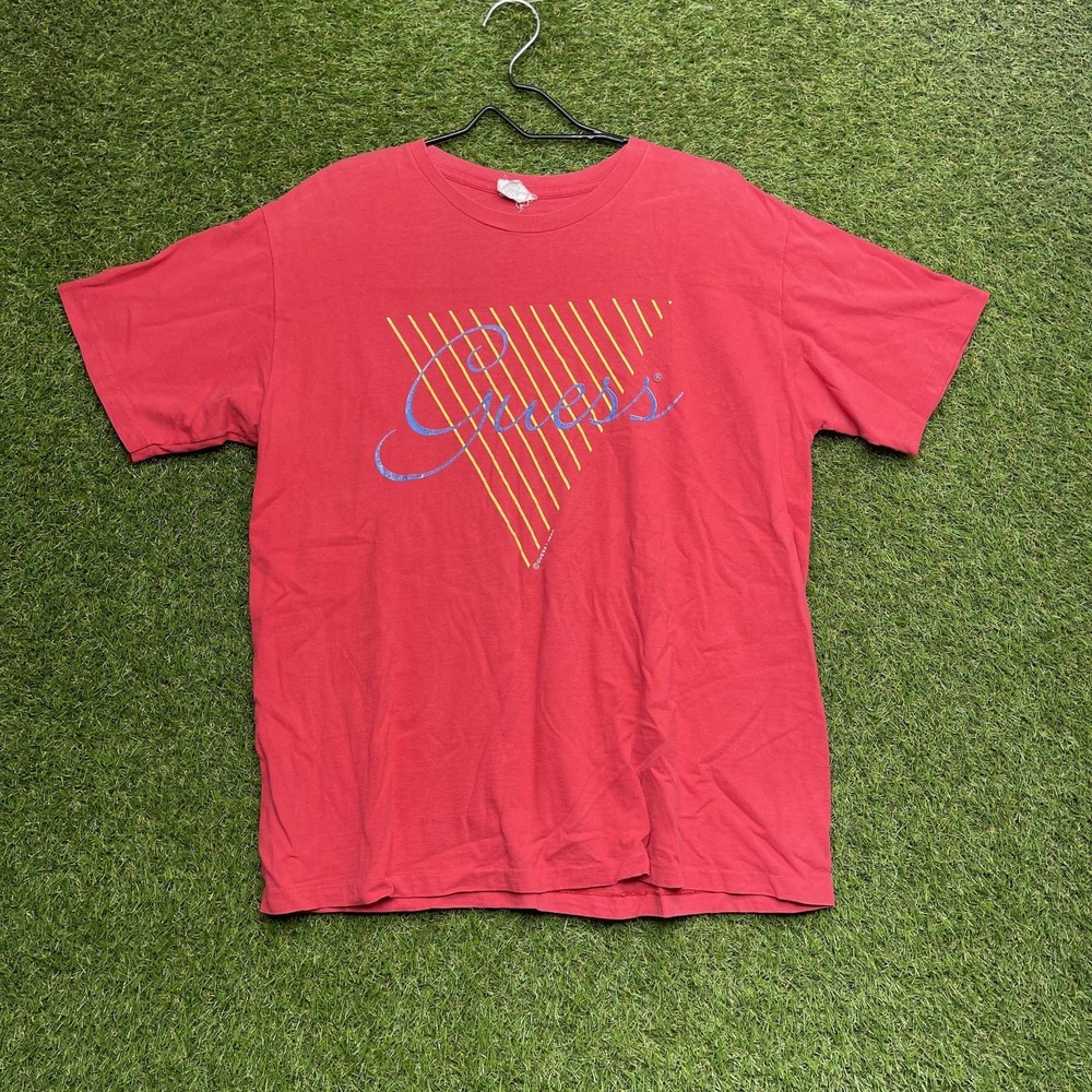 Vintage Guess Shirt Mens Large Red Triangle Logo Graphic Tee Made USA 90s Retro